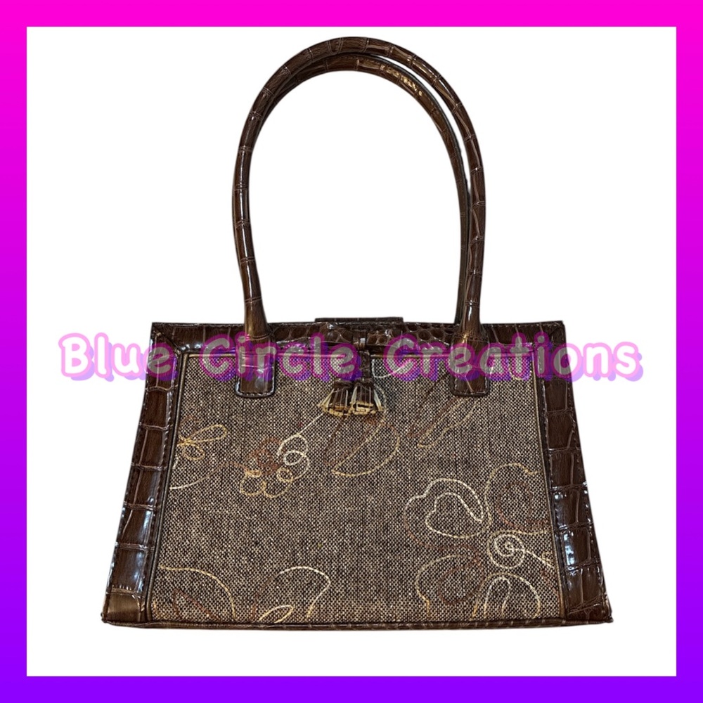 Liz Claiborne Vintage Brown Tapestry Purse with Faux Leather Handles and Trim